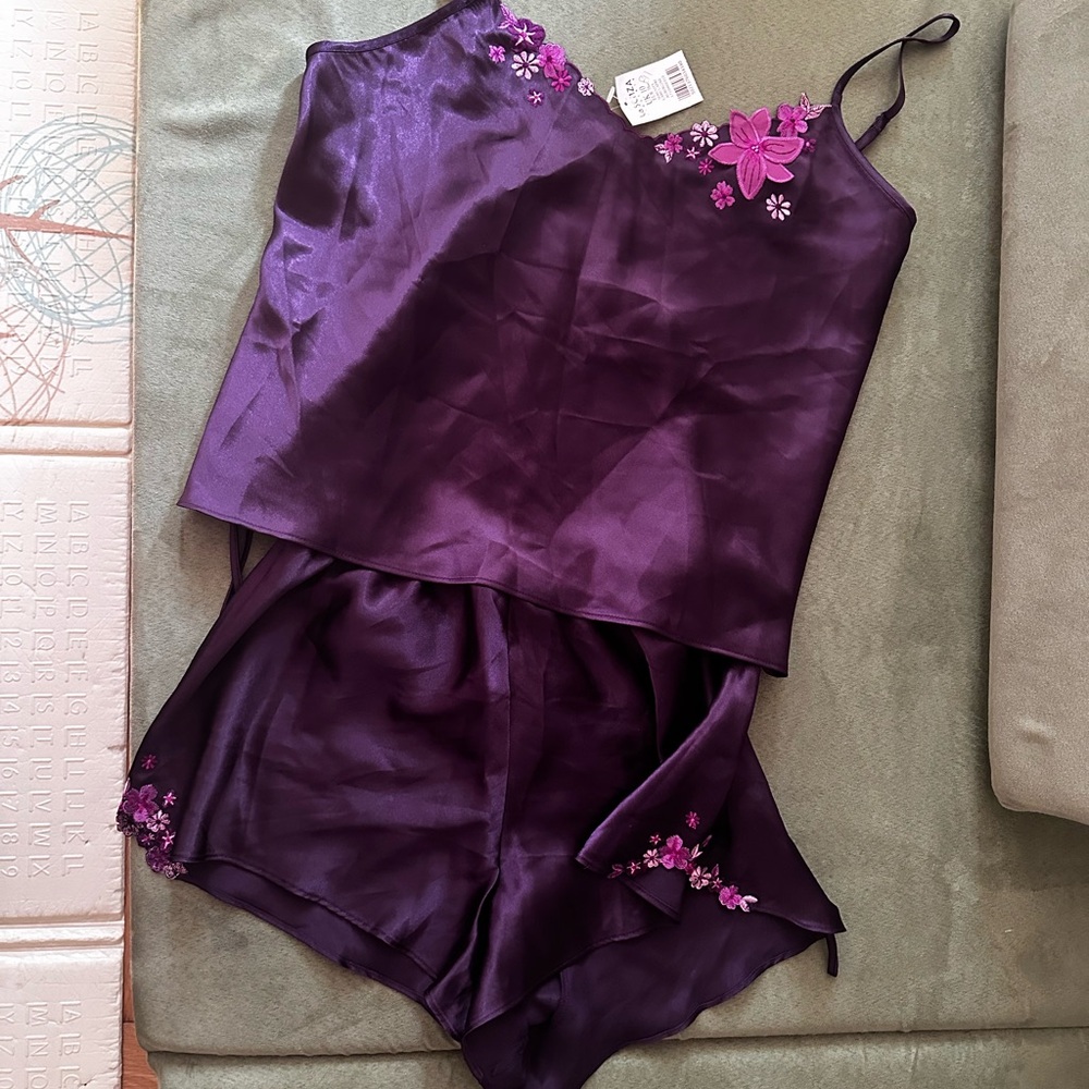La SENZA Purple Satin Pajama Set with Floral Accents